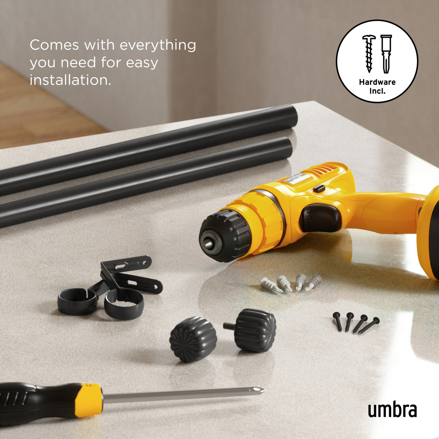 Single Curtain Rods | color: Matte-Black | size: 36-66" (91-168 cm) | diameter: 1" (2.5 cm)