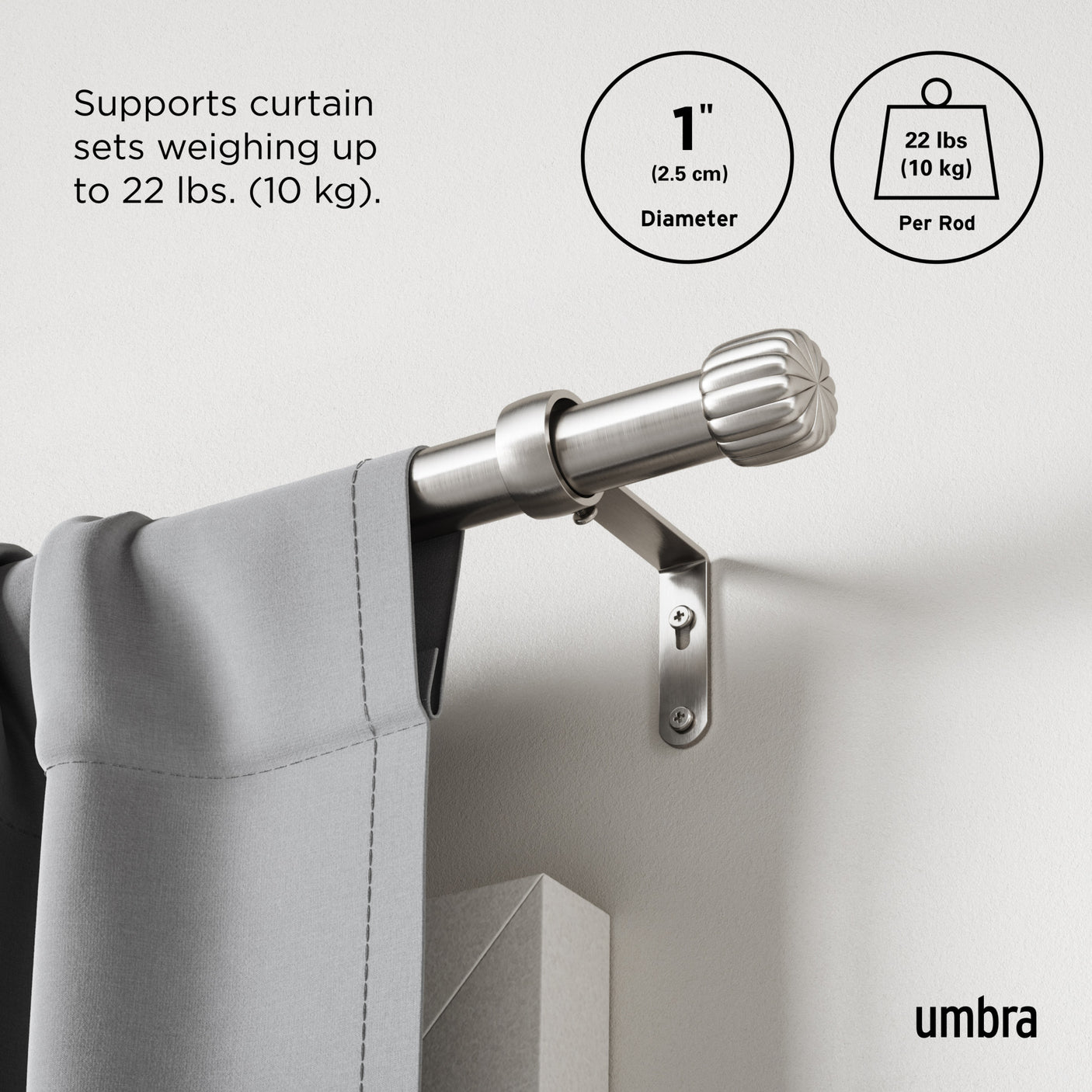 Single Curtain Rods | color: Nickel-Steel | size: 36-66" (91-168 cm) | diameter: 1" (2.5 cm)