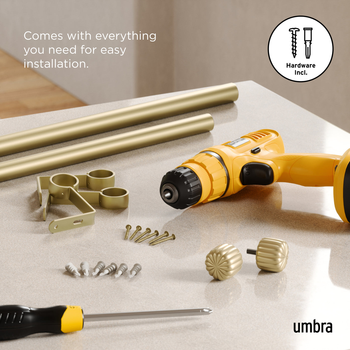 Single Curtain Rods | color: Gold | size: 66-120" (168-305 cm) | diameter: 1" (2.5 cm)