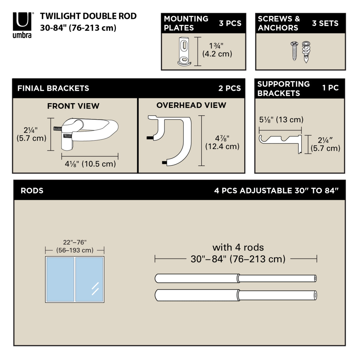 Double Curtain Rods | color: Matte-Nickel | size: 30-84" (76-213 cm) | diameter: 3/4" (1.9 cm)