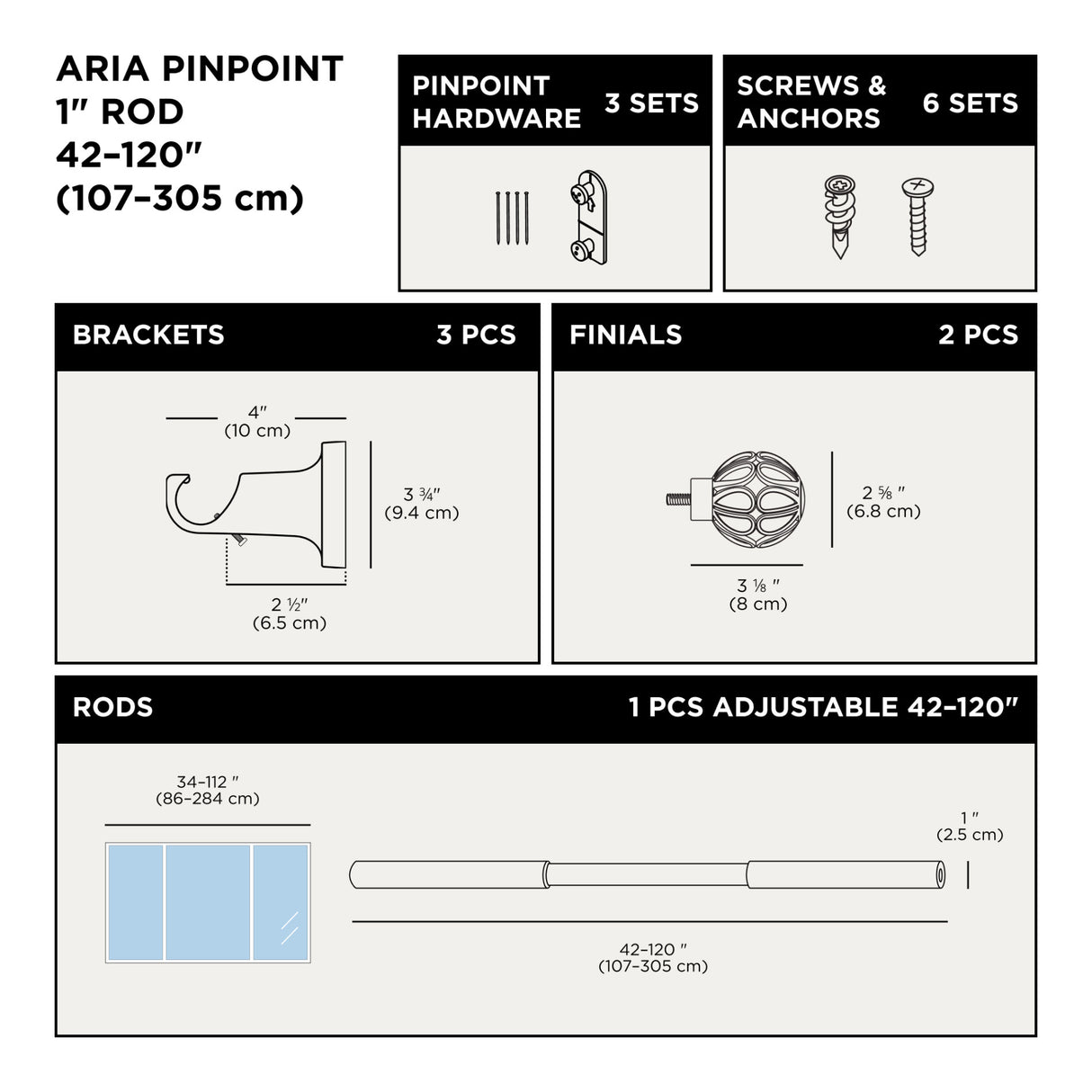 Single Curtain Rods | color: Matte-Black | size: 42-120" (107-305 cm) | diameter: 1" (2.5 cm)