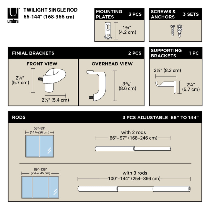 Single Curtain Rods | color: Matte-Black | size: 66-144" (168-365 cm) | diameter: 3/4" (1.9 cm)