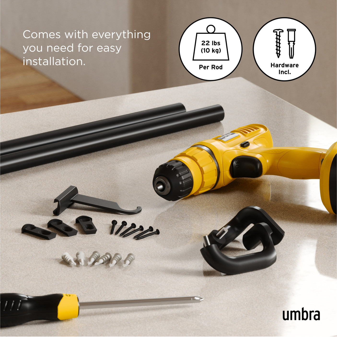 Single Curtain Rods | color: Matte-Black | size: 66-144" (168-365 cm) | diameter: 3/4" (1.9 cm)
