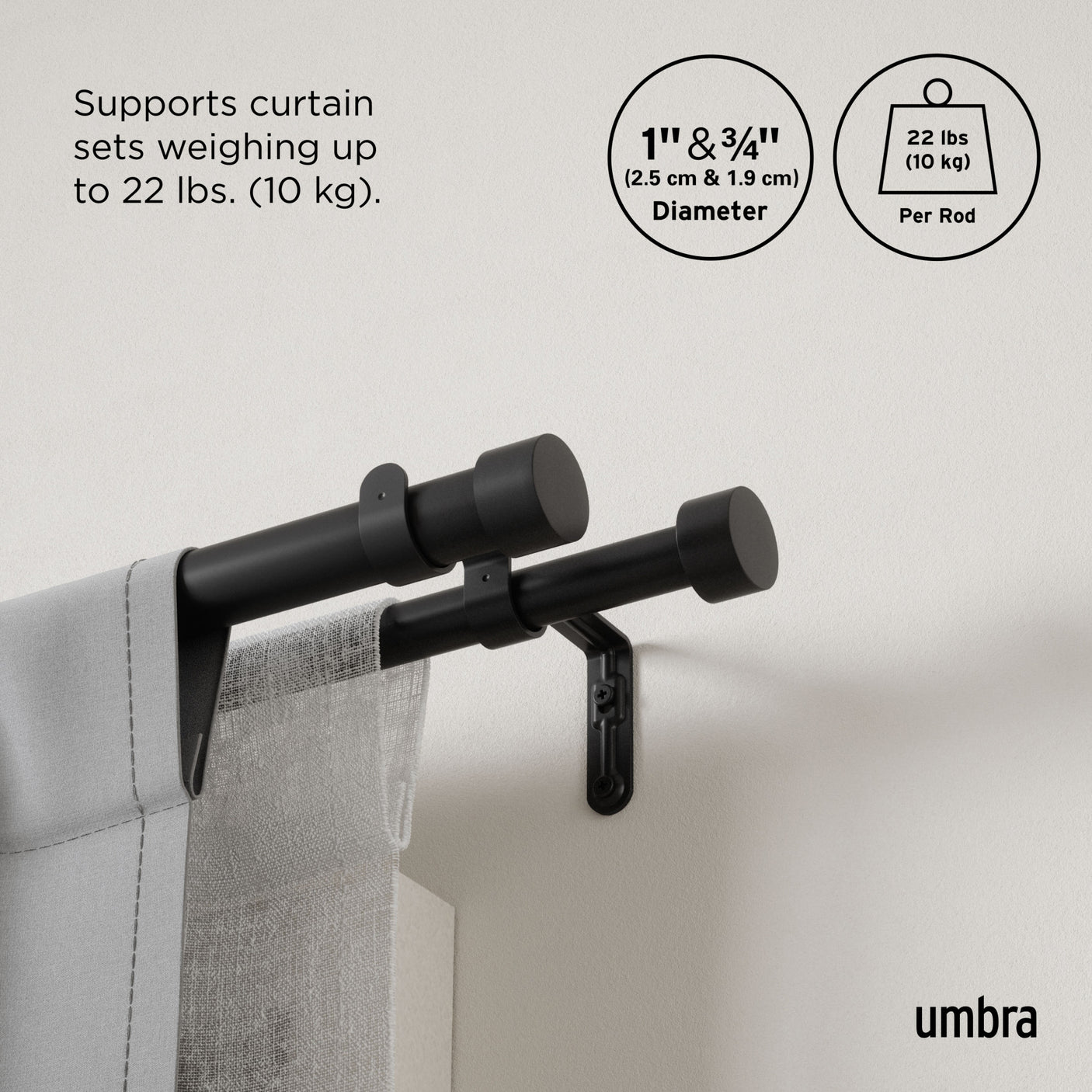 Double Curtain Rods | color: Brushed-Black | size: 66-120" (168-305 cm) | diameter: 1" (2.5 cm)
