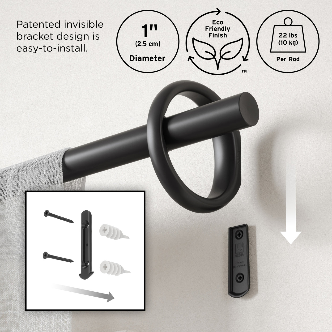 Single Curtain Rods | color: Matte-Black | size: 42-120" (107-305 cm) | diameter: 1" (2.5 cm)