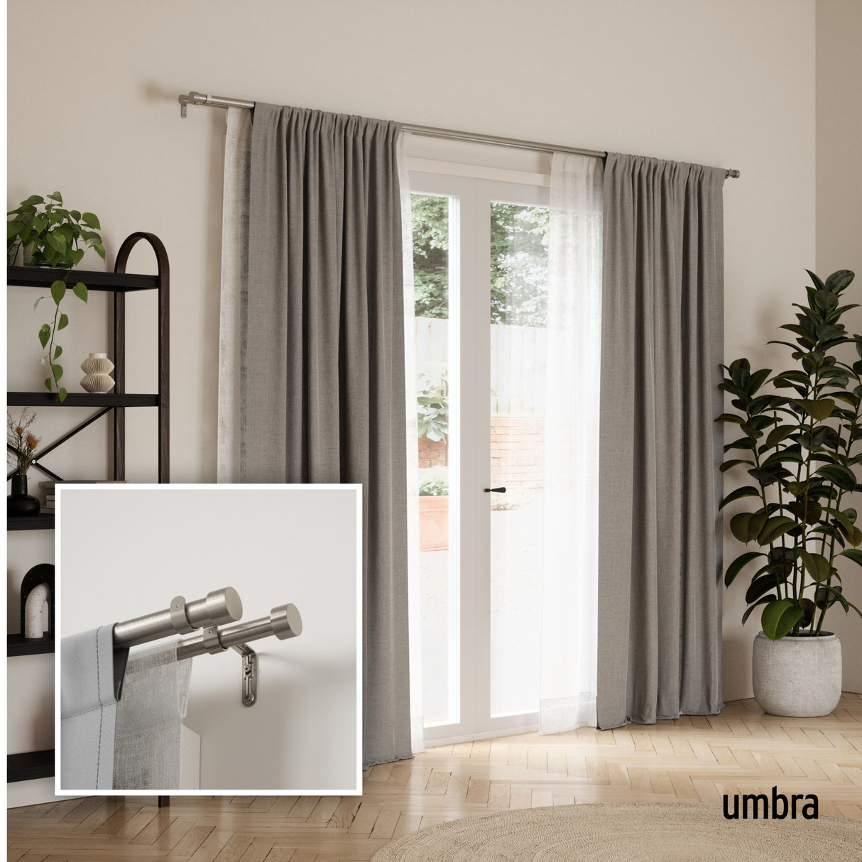 Double Curtain Rods | color: Nickel | size: 66-120" (168-305 cm) | diameter: 1" (2.5 cm)