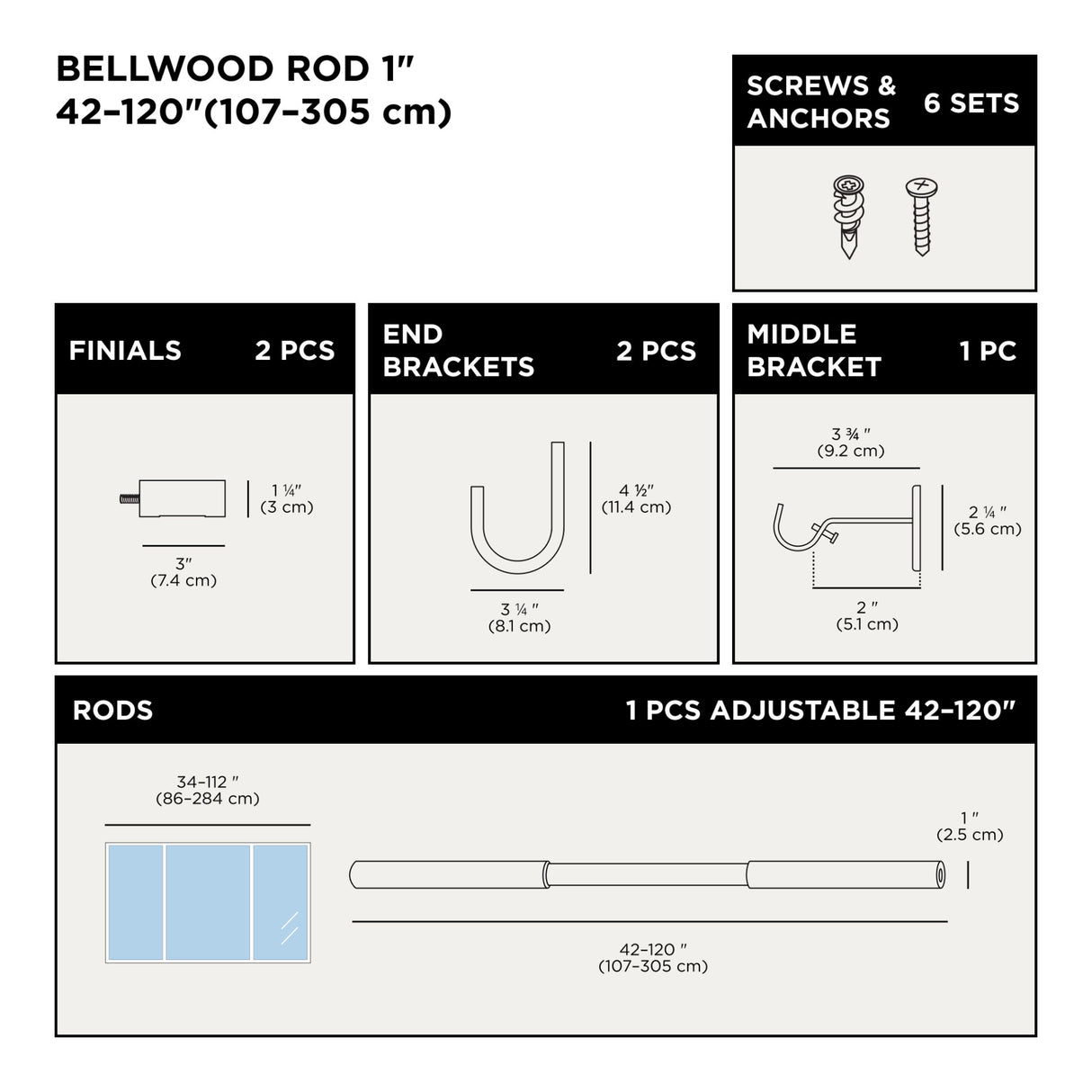 Single Curtain Rods | color: White-Natural | size: 42-120" (107-305 cm) | diameter: 1" (2.5 cm)