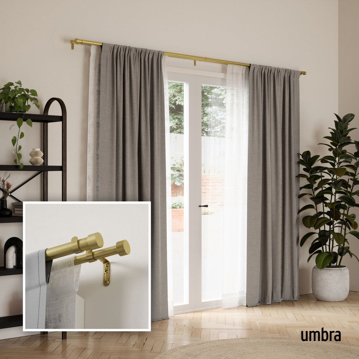 Double Curtain Rods | color: Brass | size: 120-180" (305-457 cm) | diameter: 1" (2.5 cm)