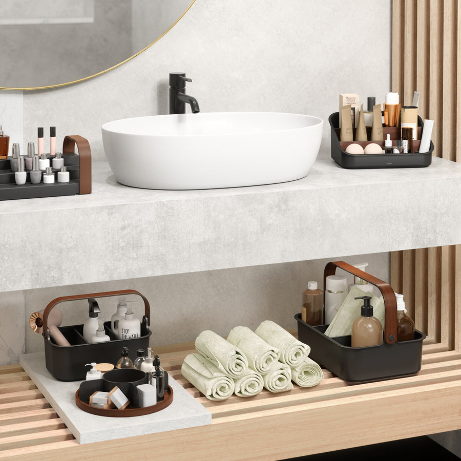 Umbra Bellwood Bin stapelbare bak, organizer met uitneembare scheidingswanden, zwart/walnoot, 36 x 26 x 13 cm, groot Umbra Bellwood Bin stapelbare bak, organizer met uitneembare scheidingswanden, zwart/walnoot, 36 x 26 x 13 cm, groot