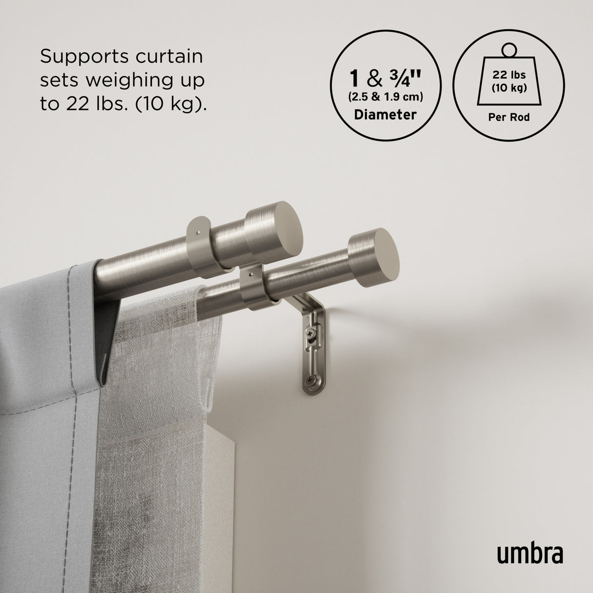 Double Curtain Rods | color: Nickel | size: 36-66" (91-168 cm) | diameter: 1" (2.5 cm)