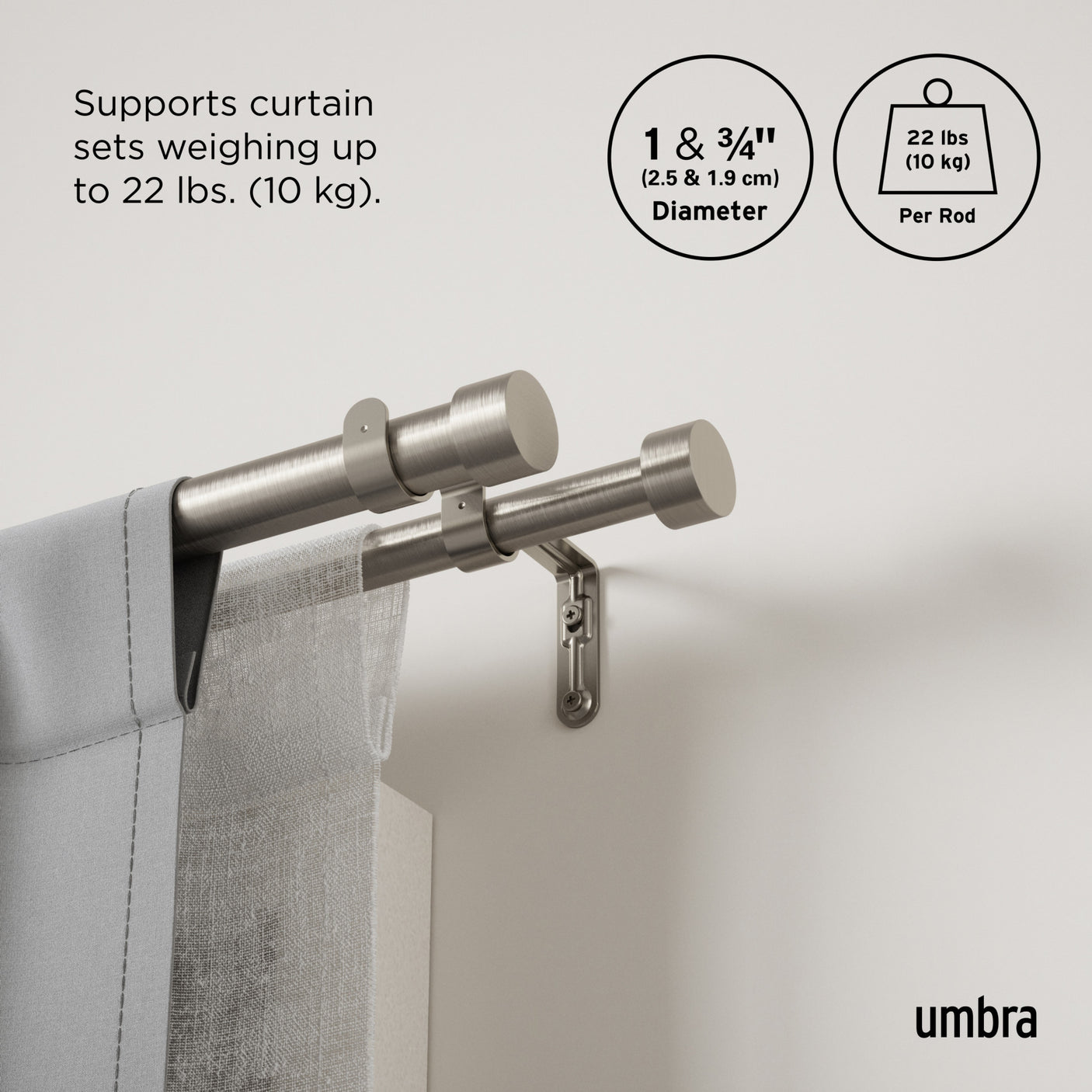 Double Curtain Rods | color: Nickel | size: 36-66" (91-168 cm) | diameter: 1" (2.5 cm)