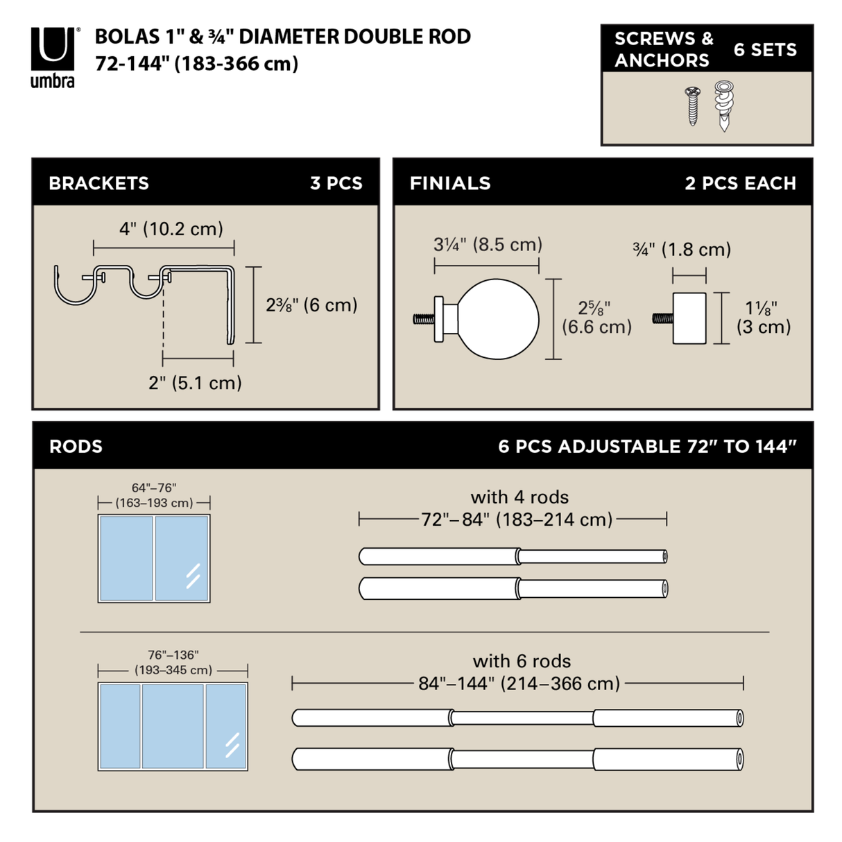 Double Curtain Rods | color: Matte-Black | size: 72-144" (183-366 cm) | diameter: 1" (2.5 cm)