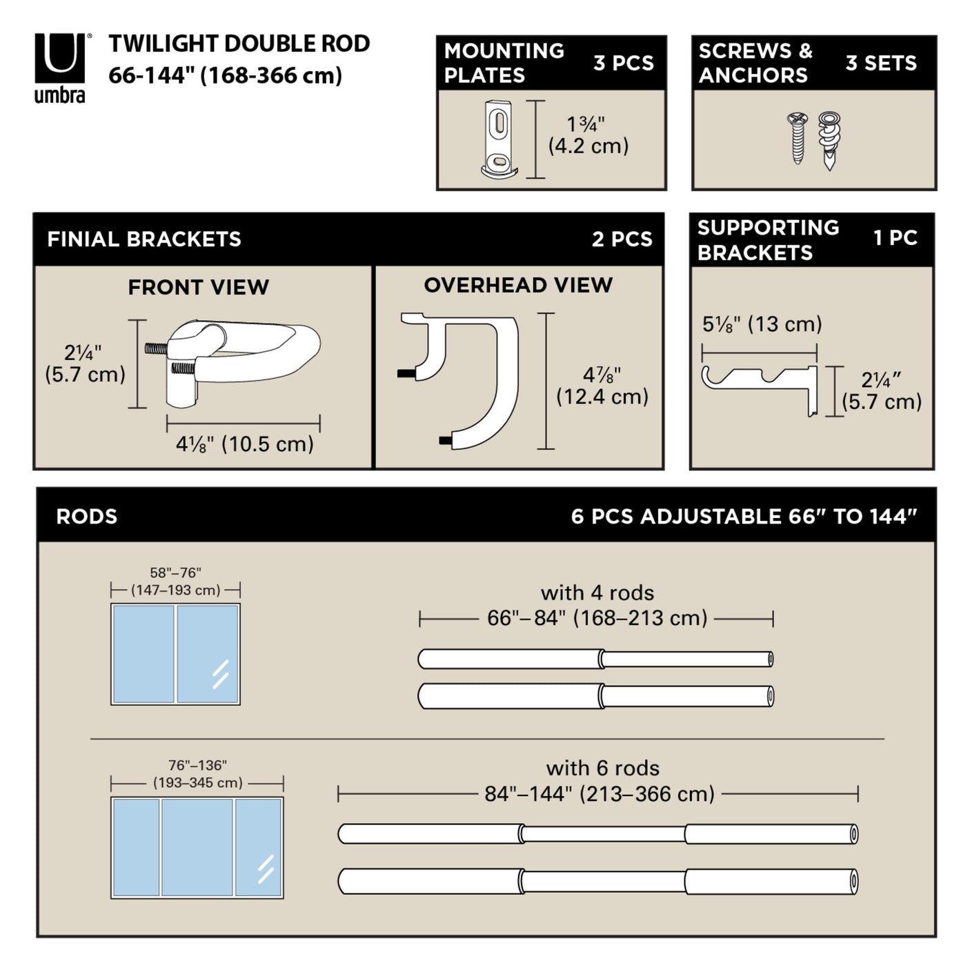 Double Curtain Rods | color: Matte-Nickel | size: 66-144" (168-365 cm) | diameter: 3/4" (1.9 cm)