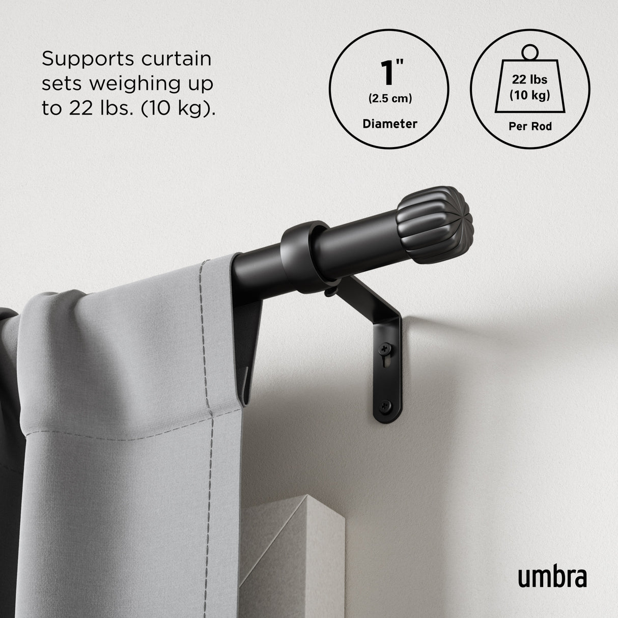 Single Curtain Rods | color: Matte-Black | size: 36-66" (91-168 cm) | diameter: 1" (2.5 cm)