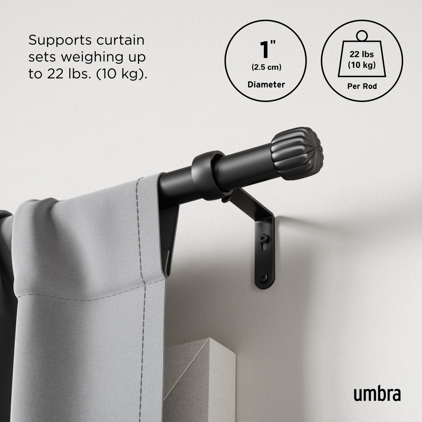 Single Curtain Rods | color: Matte-Black | size: 36-66" (91-168 cm) | diameter: 1" (2.5 cm)