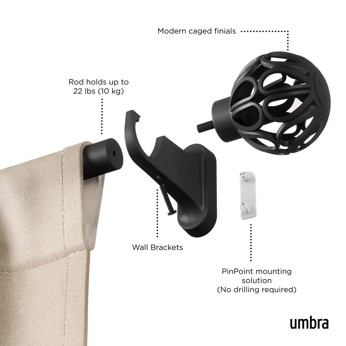 Single Curtain Rods | color: Matte-Black | size: 42-120" (107-305 cm) | diameter: 1" (2.5 cm)