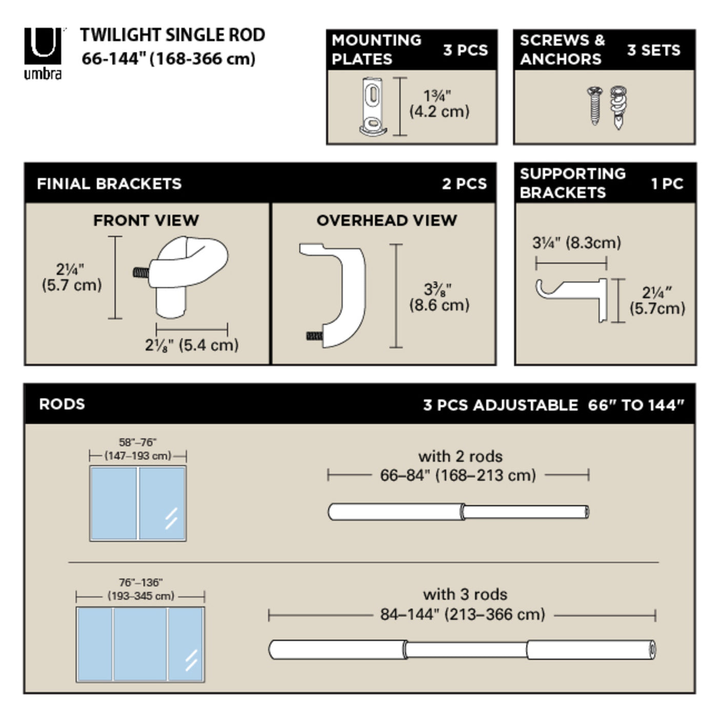 Single Curtain Rods | color: Matte-Nickel | size: 66-144" (168-365 cm) | diameter: 3/4" (1.9 cm)