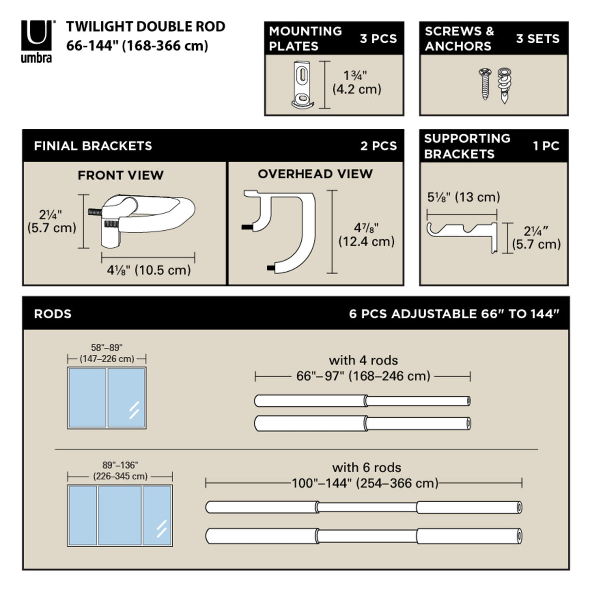 Double Curtain Rods | color: Matte-Black | size: 66-144" (168-365 cm) | diameter: 3/4" (1.9 cm)