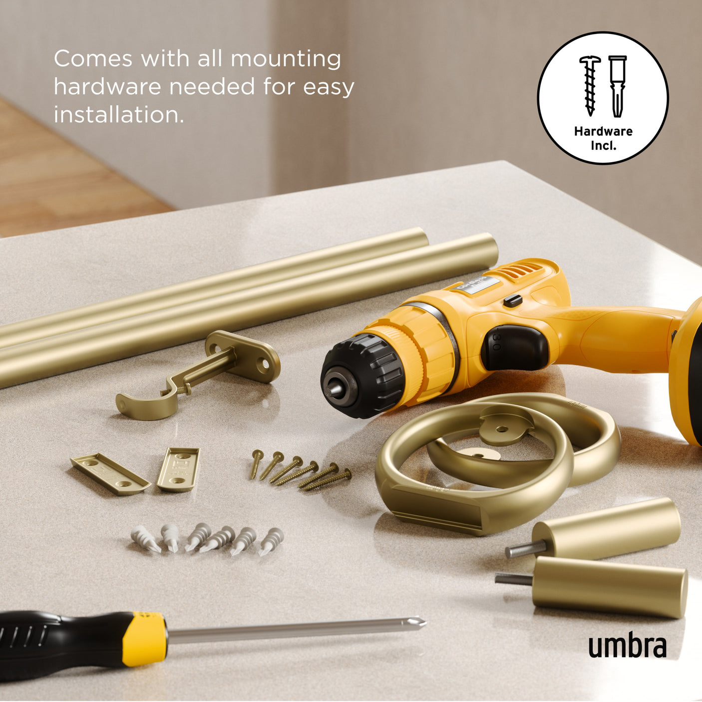 Single Curtain Rods | color: Gold | size: 42-120" (107-305 cm) | diameter: 1" (2.5 cm)