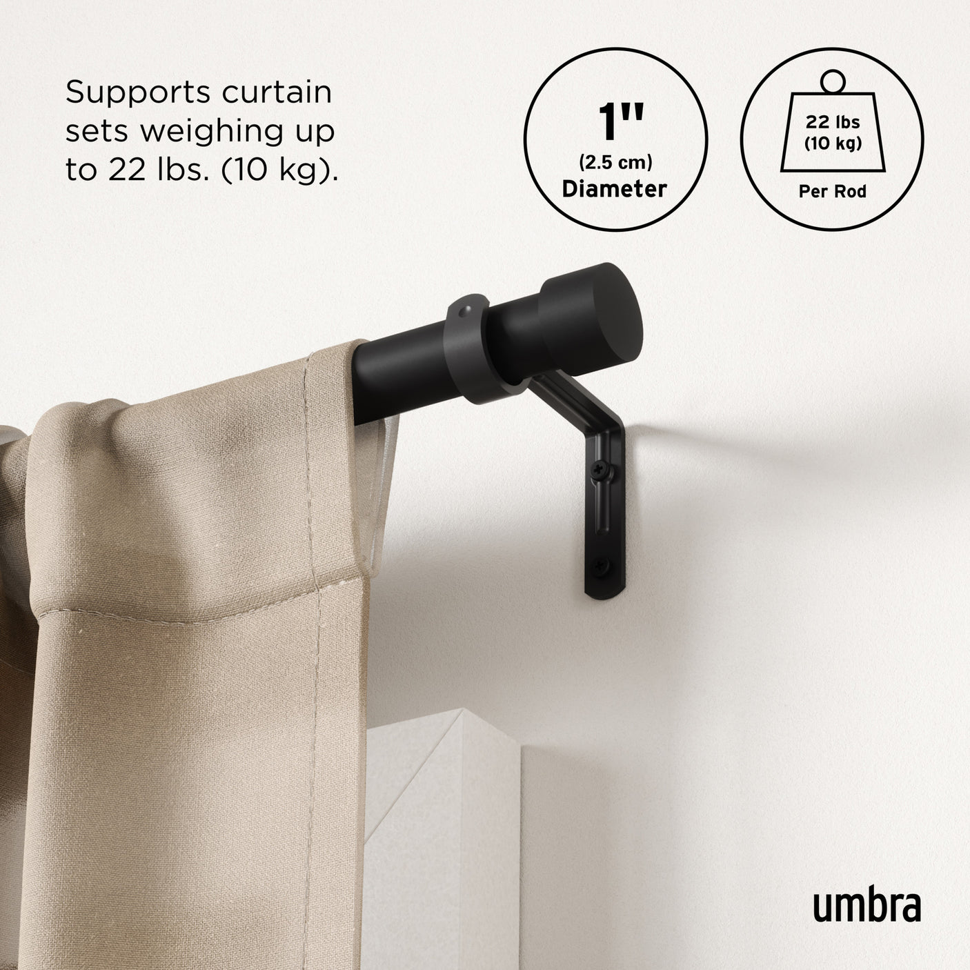Single Curtain Rods | color: Matte-Black | size: 36-66" (91-168 cm) | diameter: 1" (2.5 cm)