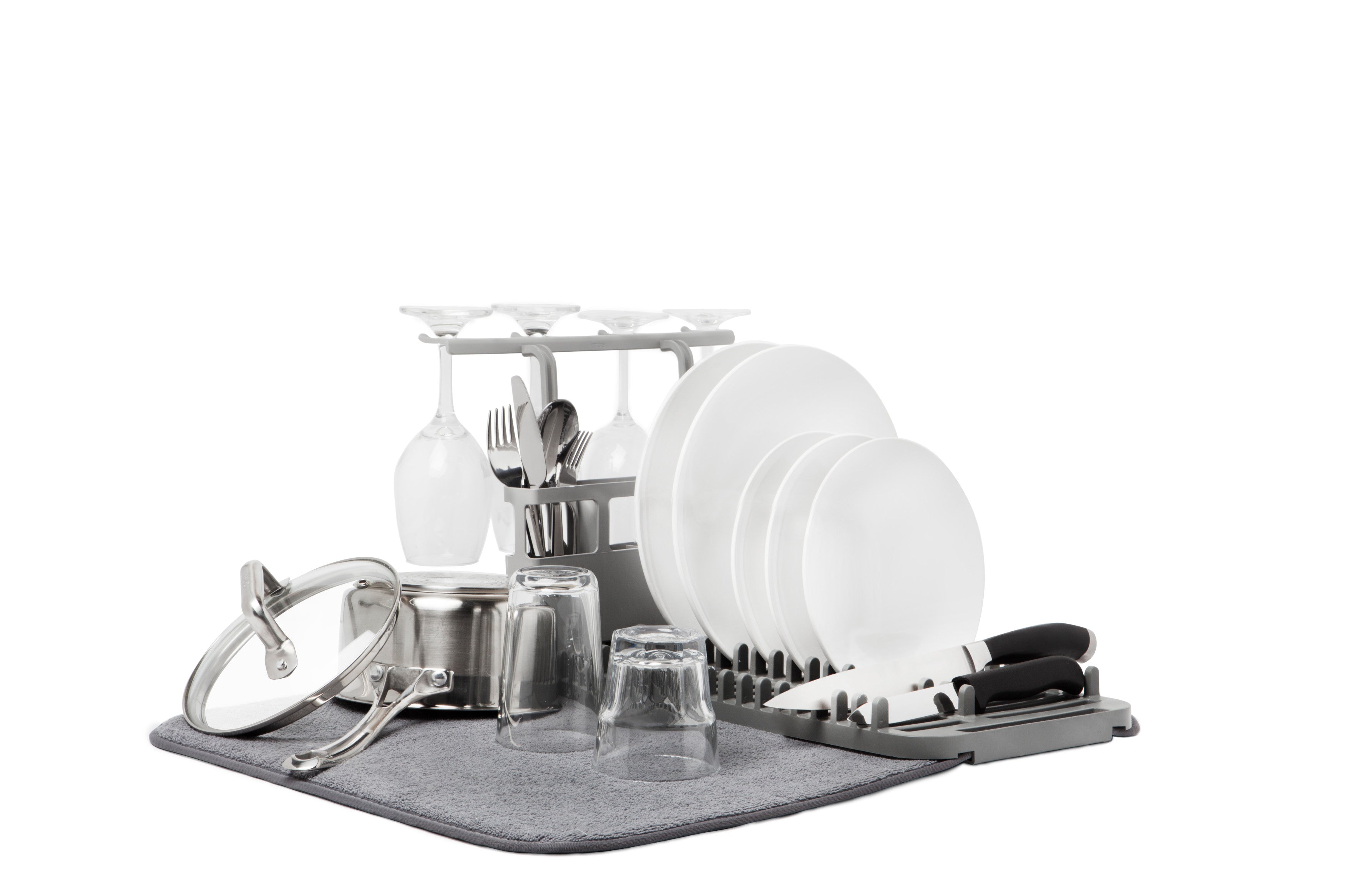 Compact Dish Drying Rack & Drain Tray With Wine Glass Holder